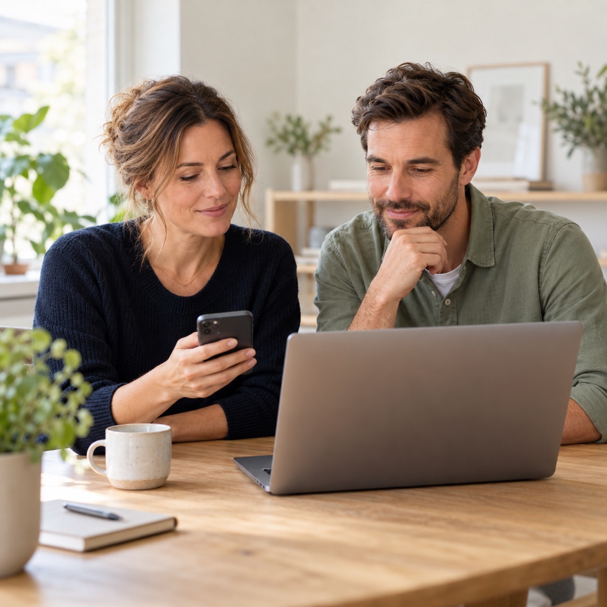 Två personer går igenom ett avtal vid en laptop och mobil.